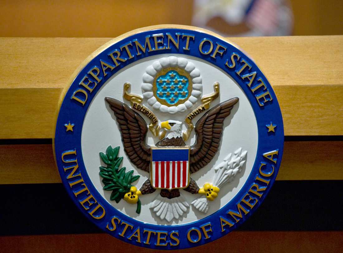 The seal of the US State Department is seen at the State Department briefing room in Washington,DC on February 4, 2011.