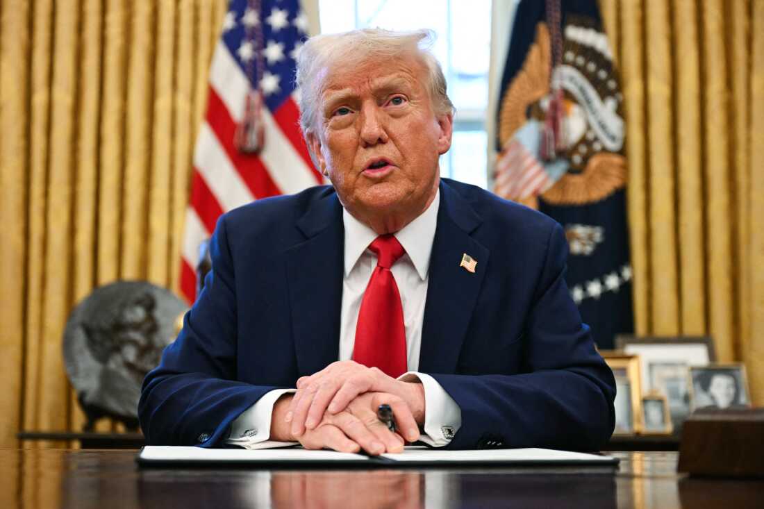 President Trump speaks to the press from the Oval Office on Monday.