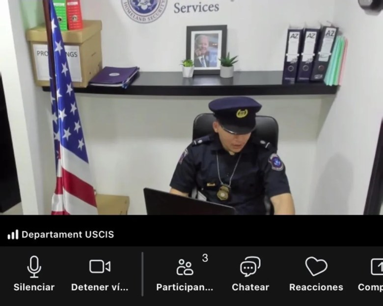 Screenshot of a virtual hearing with a fake USCIS officer, held via Zoom. Courtesy of Envision Freedom Fund.