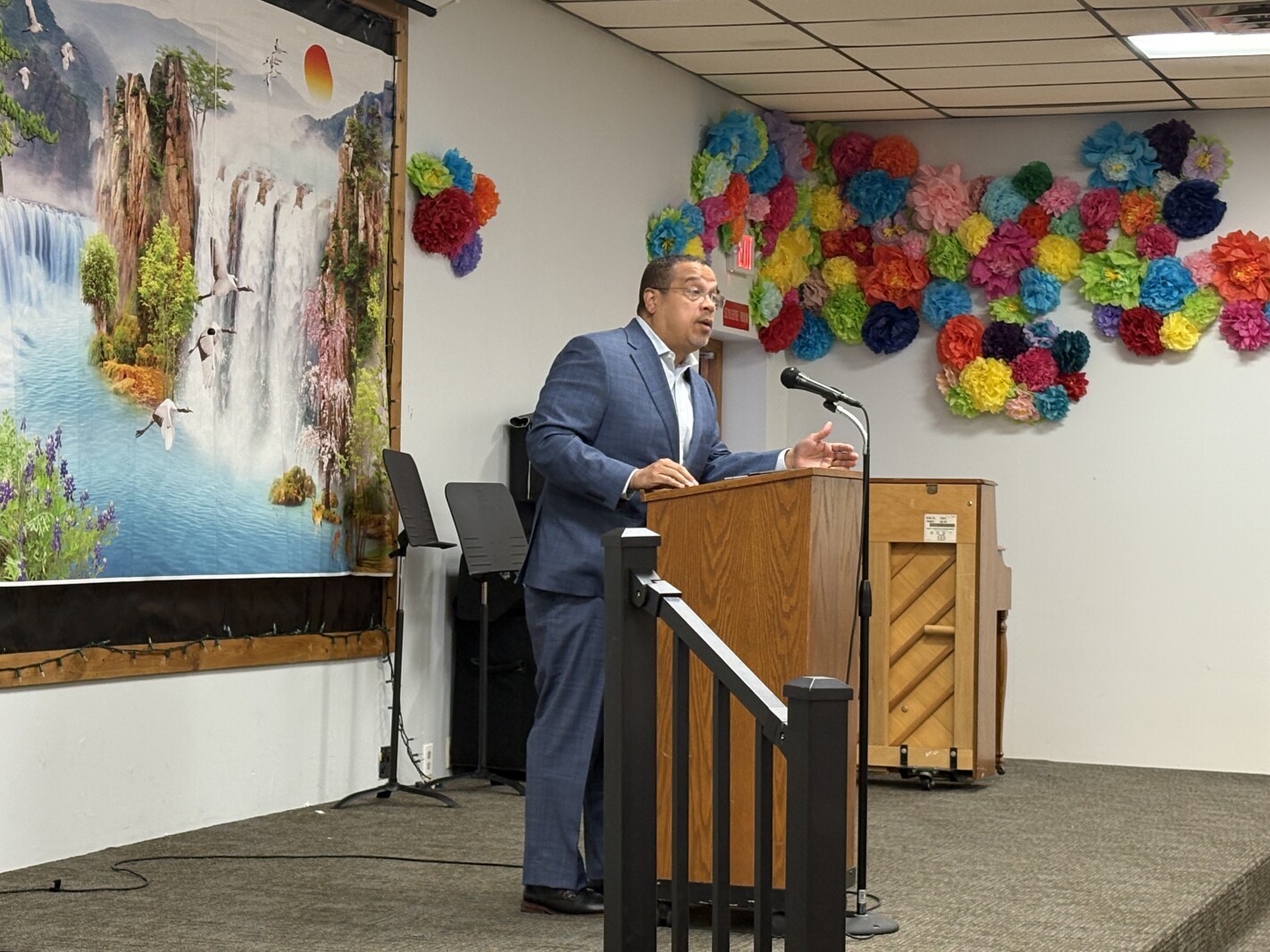 Minnesota Attorney General Keith Ellison speaks about federal lawsuits at Willmar, Minnesota, event